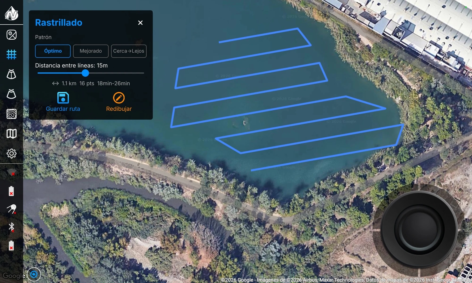 App Nuntius generando un rastrillado automático sobre el mapa satélite de un embalse