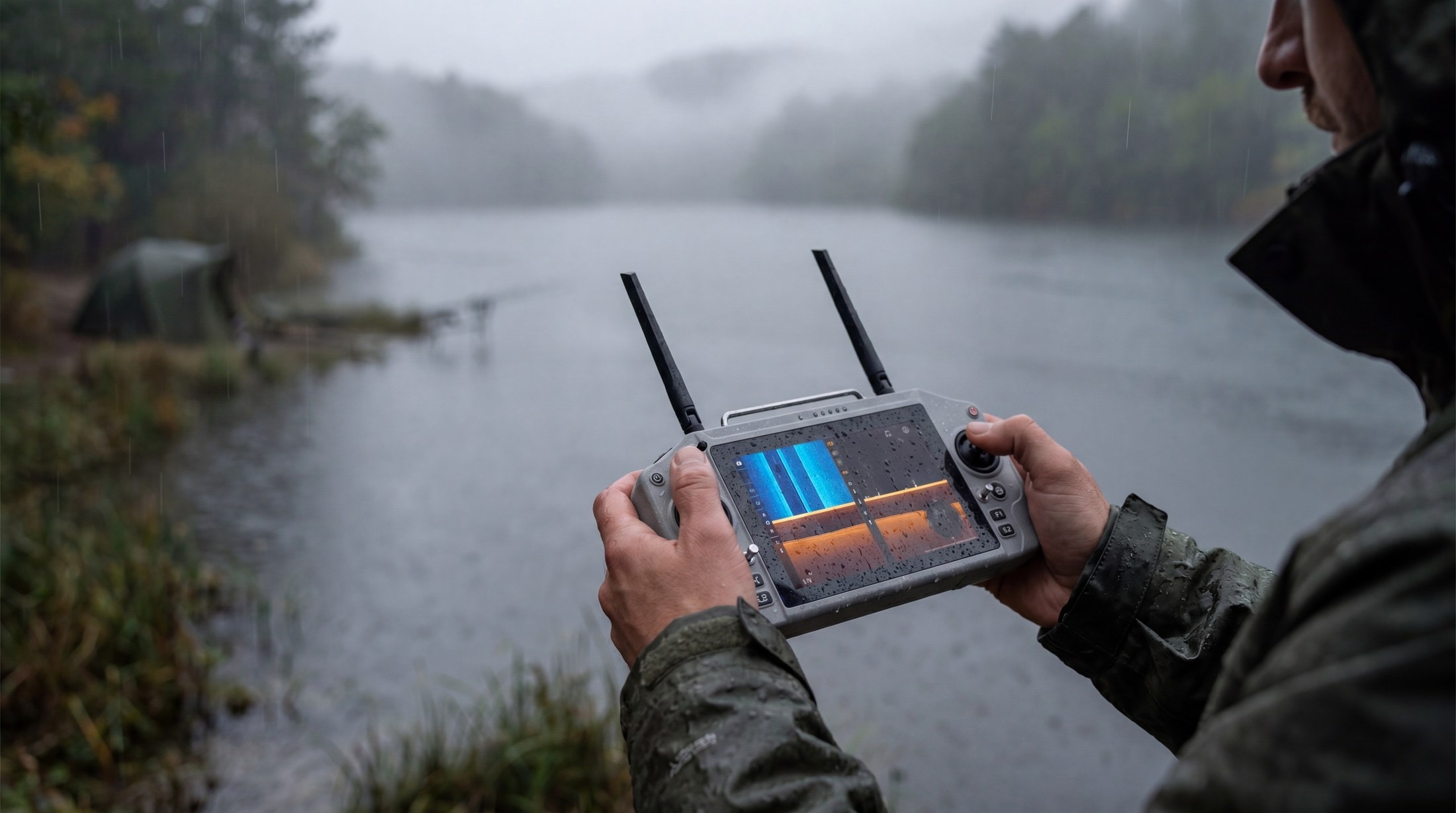 Pescador manejando el mando Skydroid con la sonda en pantalla junto al lago