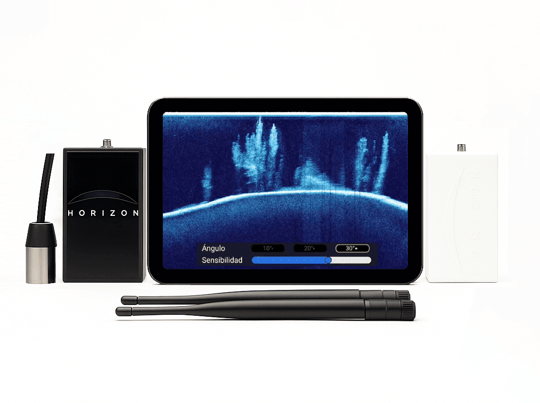 Sonda Horizon Spectra para barco cebador — tres haces cónicos en app de carpfishing